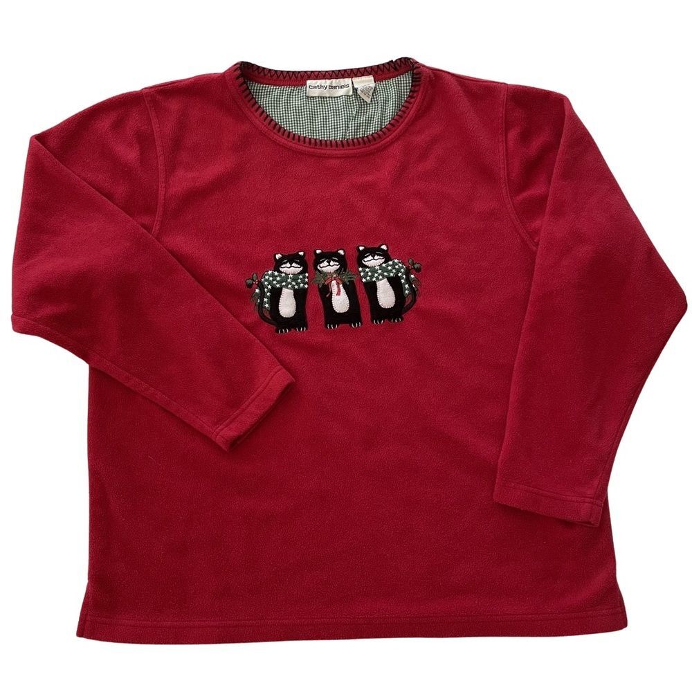 Vintage Cathy Daniels Christmas Kitty Cat Fleece Pullover Red Size Large